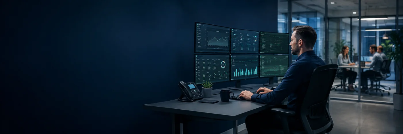 Managed IT Services für KMU – Innovate Systems NRW: IT-Techniker überwacht Monitoring-Dashboard