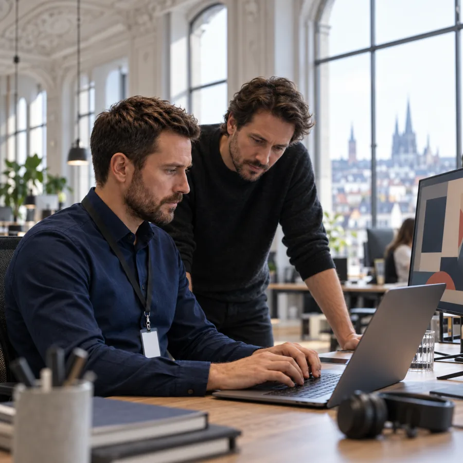 KI-generiertes Bild: IT-Techniker berät einen Betrieb in Köln
