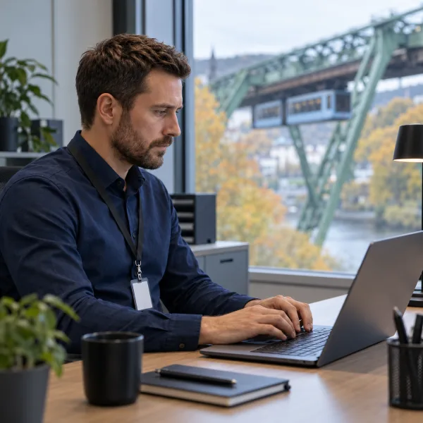 KI-generiertes Bild: IT-Techniker berät einen Betrieb in Wuppertal