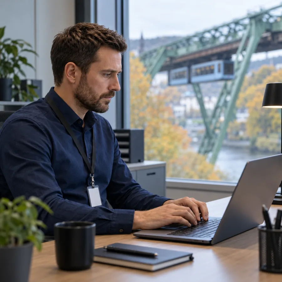 KI-generiertes Bild: IT-Techniker berät einen Betrieb in Wuppertal