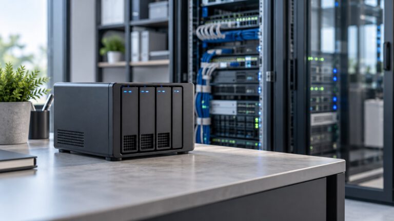 Backup-Speicher auf einem aufgeräumten Tisch vor einem Serverschrank