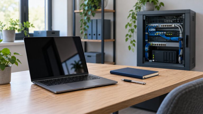 Laptop, Notizbuch und Stift auf einem Holzschreibtisch, im Hintergrund ein Netzwerkschrank mit Switches und Patchkabeln